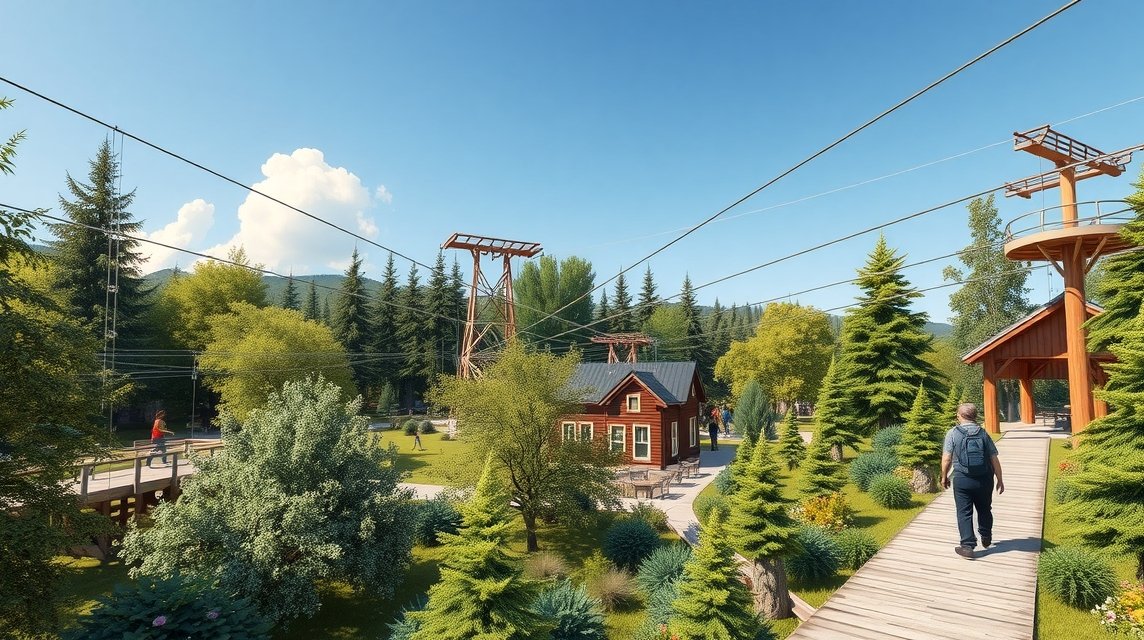 Látvány a HighPark Sønderjylland kalandpark lombpályáival és tájaival.