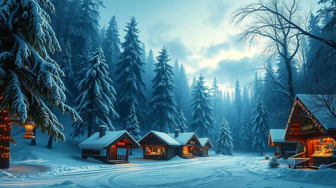 Havas fákkal körülvett karácsonyi vásárok és kunyhók Németországban