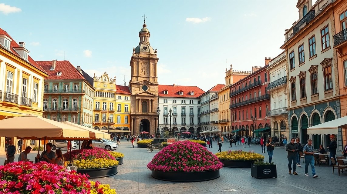 A Praça da República hangulatos utcái és színes virágágyásai Braga városában.