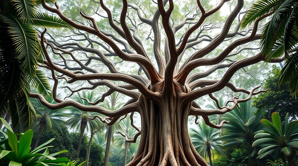 Ebanga Big Web fája Kribiben, lenyűgöző gyökérfonatokkal és zöld növényzet körében.