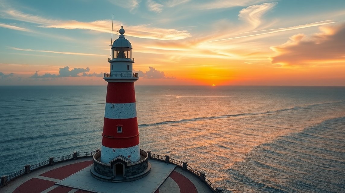 Kribi világítótorony naplementében, lenyűgöző kilátás az óceánra