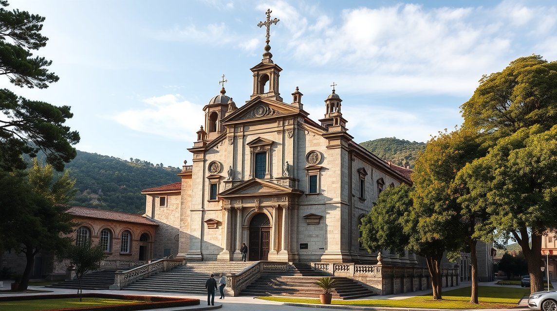 A Chagas templom Lamegoban, lenyűgöző építészettel és zöld környezettel.
