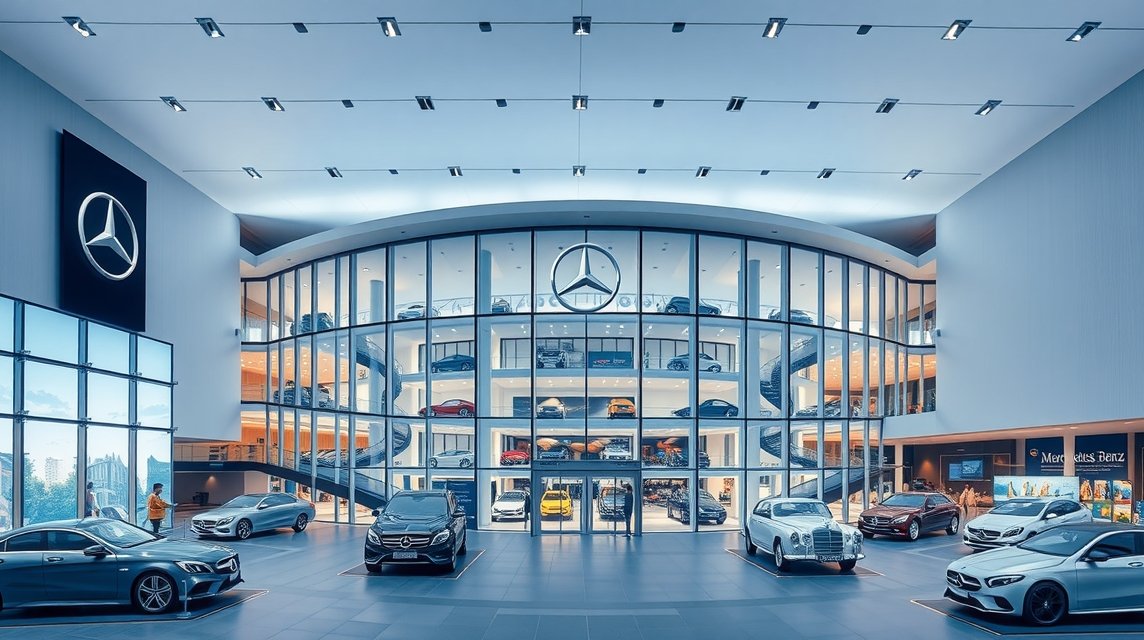 Mercedes-Benz Múzeum belső tér, ikonikus autók kiállítása Stuttgartban