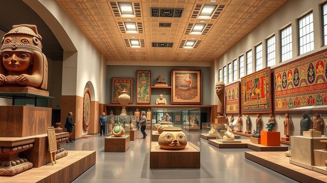 A Mexikói Nemzeti Antropológiai Múzeum belső tere prehispán műtárgyakkal.