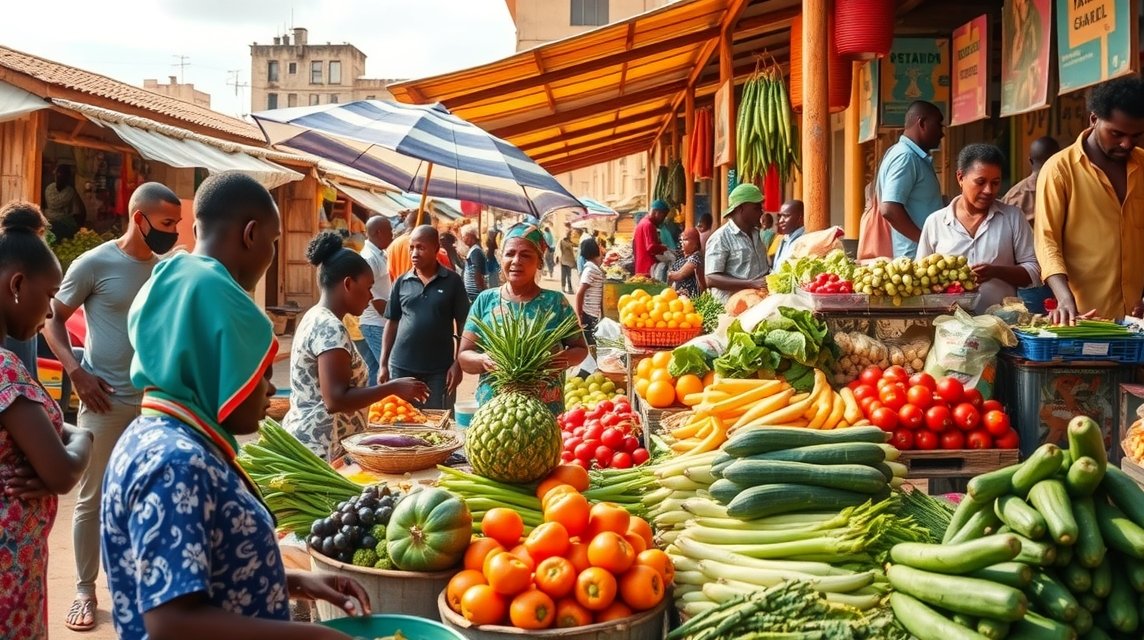 Színes zöldségek és friss gyümölcsök a Mfoundi piacon Yaoundéban