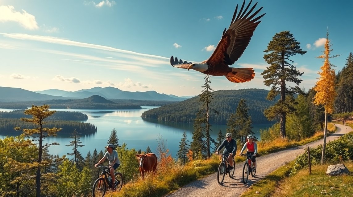 Kerékpártúra a Müritz Nemzeti Parkban, tóparti kilátás és sasles