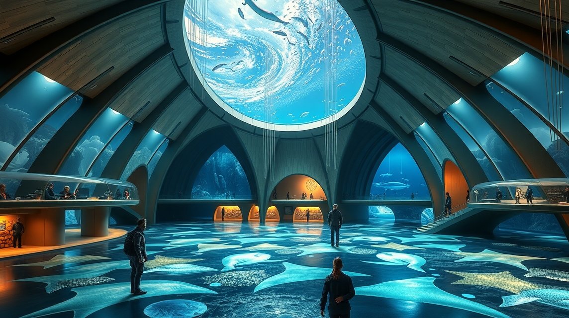 A Nausicaá tengeri akvárium belső terének látványos bemutatása Boulogne-sur-Mer-ben.