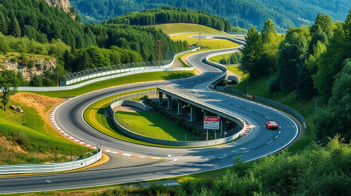 A Nürburgring híres kanyarjai és zöld tájai autósportolók számára.