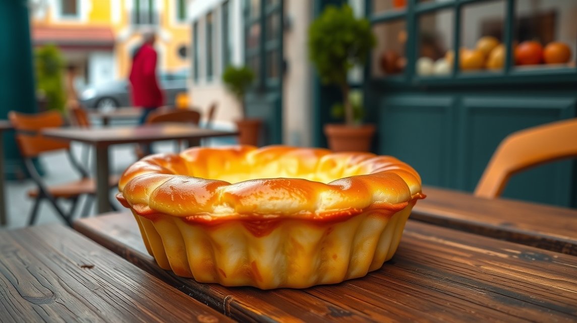 Friss sült Pastel de Nata a lisszaboni utcában