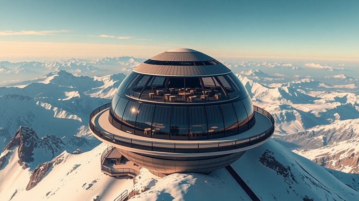 Piz Gloria étterem a Schilthorn hegycsúcsán, lenyűgöző kilátással.