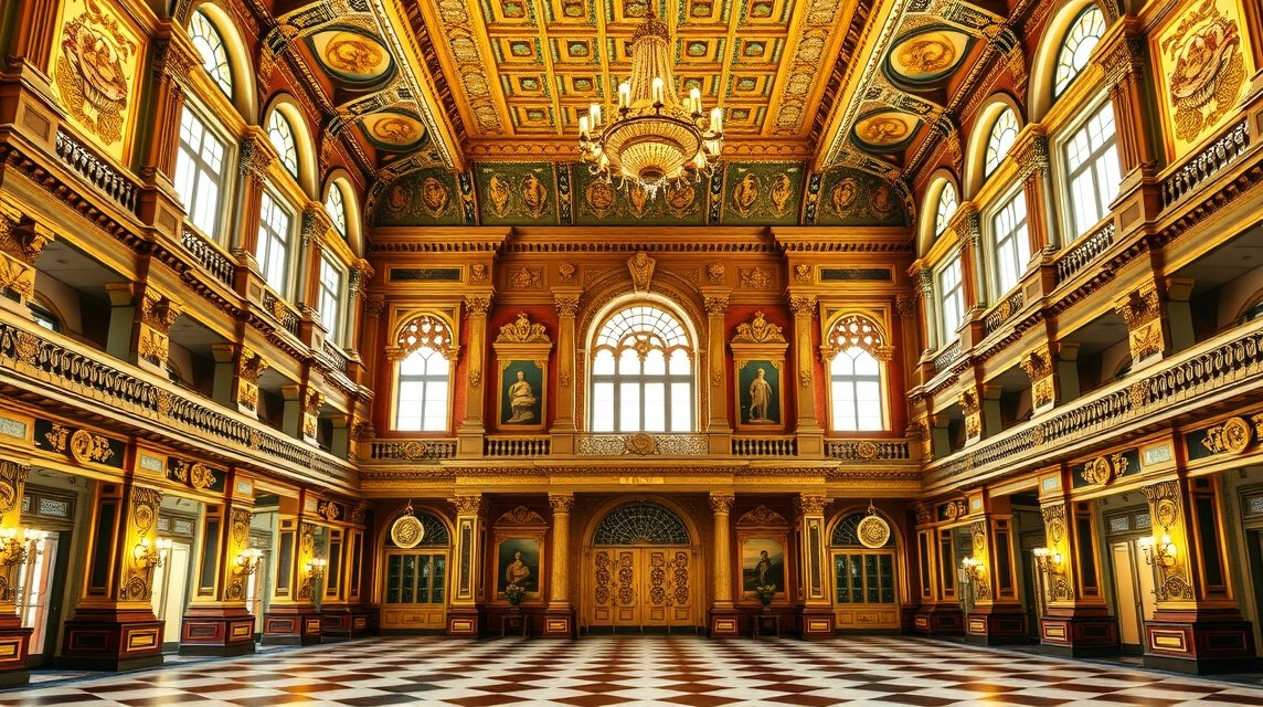 A Postapalota gyönyörű aranyozott belső terének látképe Mexikóvárosban.