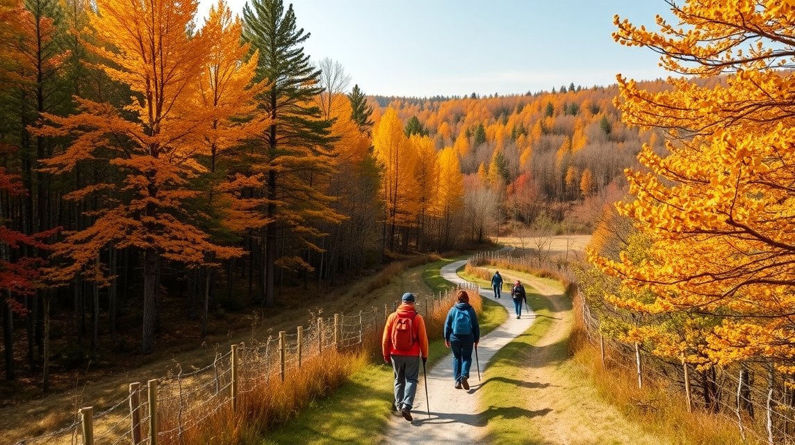 Csodás őszi táj a Türingiai-erdőben, túrázók fenyvesek között.