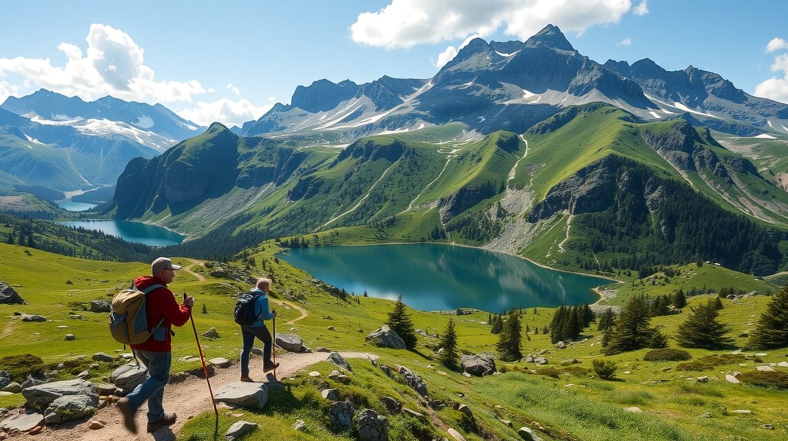 Két túrázó a Retyezát-hegységben, gyönyörű tengerszemekkel és hegyekkel körülvéve.