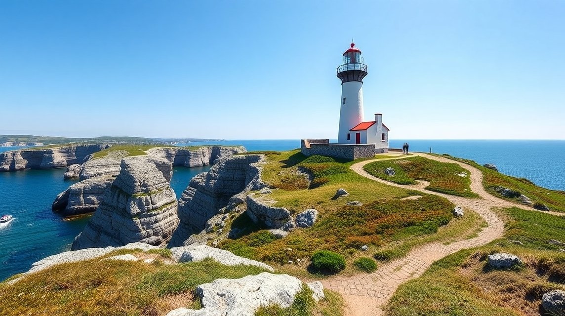 Røsnæs világítótorony Kalundborg közelében, sziklás partokkal