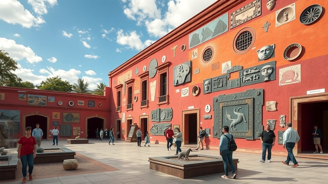 Rufino Tamayo prehispán művészeti múzeuma Oaxacaban, látogatók sétálnak az udvarban.