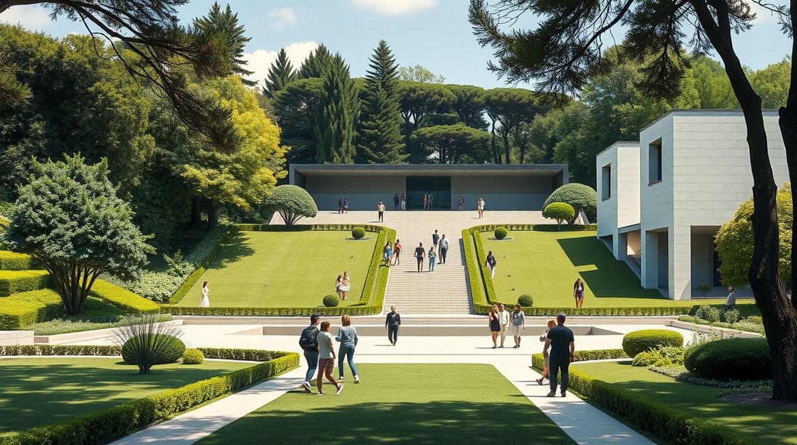 A Serralves Múzeum és Park zöld területe Portón, látogatók séta közben.