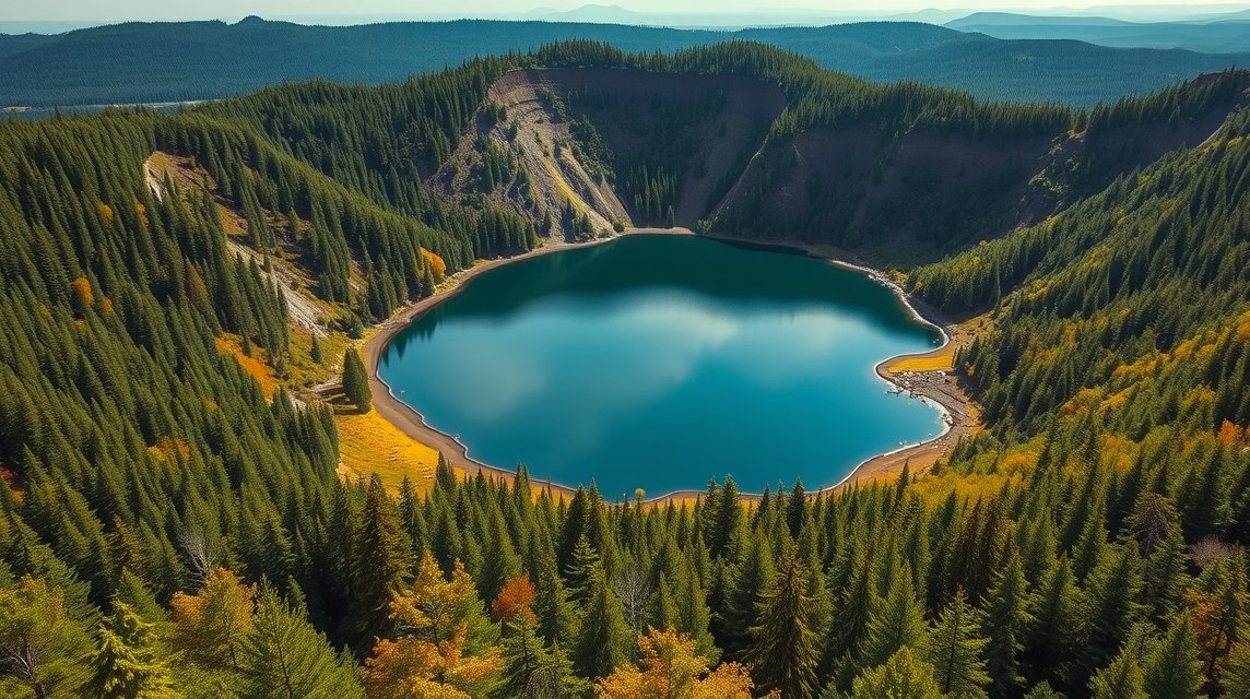 Szent Anna-tó vulkáni kráterében, türkiz víz és zöld erdőjelenet