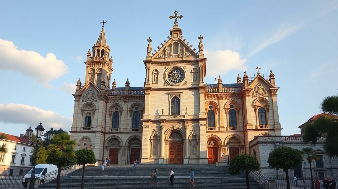 A Szent Mihály-katedrális (Sé) lenyűgöző külső nézete Castelo Branco-ban.