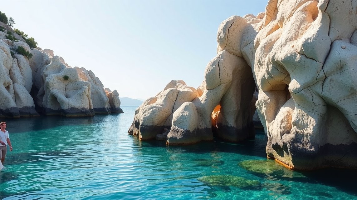 Mesés sziklacsatornák a Szerelmesek Csatornájánál Sidariban, Korfun.