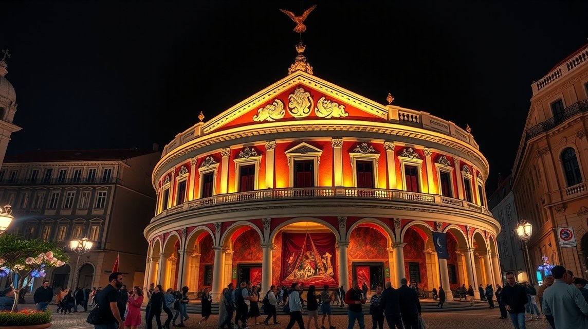 A Theatro Circo épülete Braga városában, éjszakai világítással.
