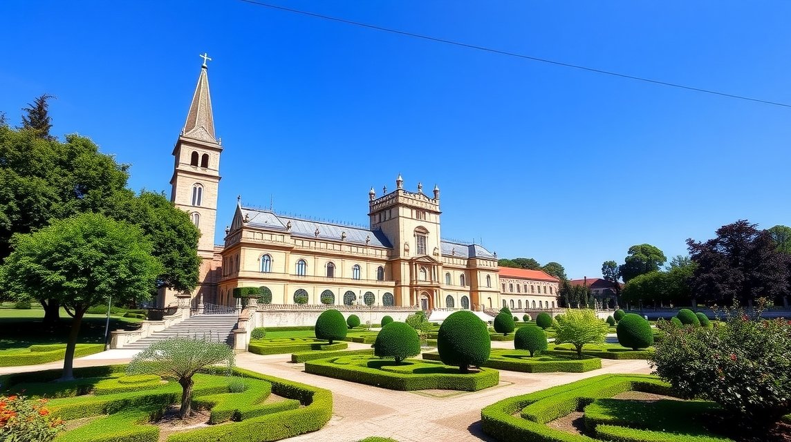A Tibães kolostor gyönyörű épülete és díszkertje Braga városában.