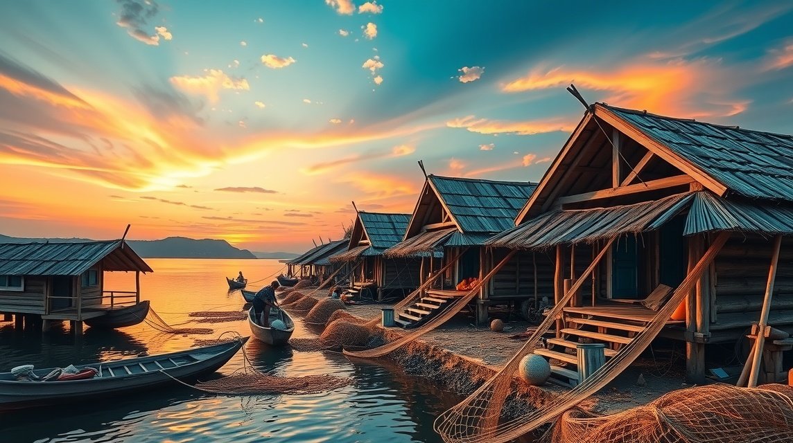 Hagyományos halászkunyhók Tibati gyönyörű tájával a naplementében