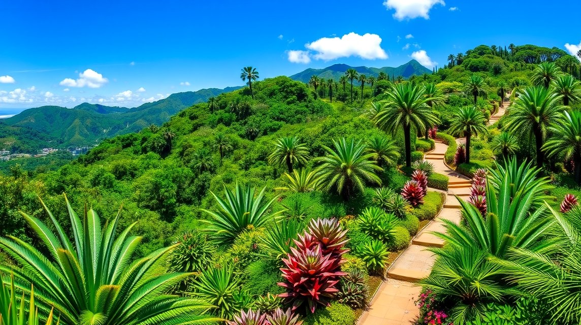 Vallarta Botanikus Kert zöldellő tája és sétányai a hegyekben