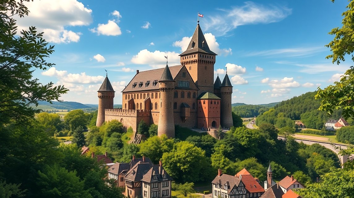 Wartburg vára, Eisenach felett, festői panoráma egy középkori erődítményről.