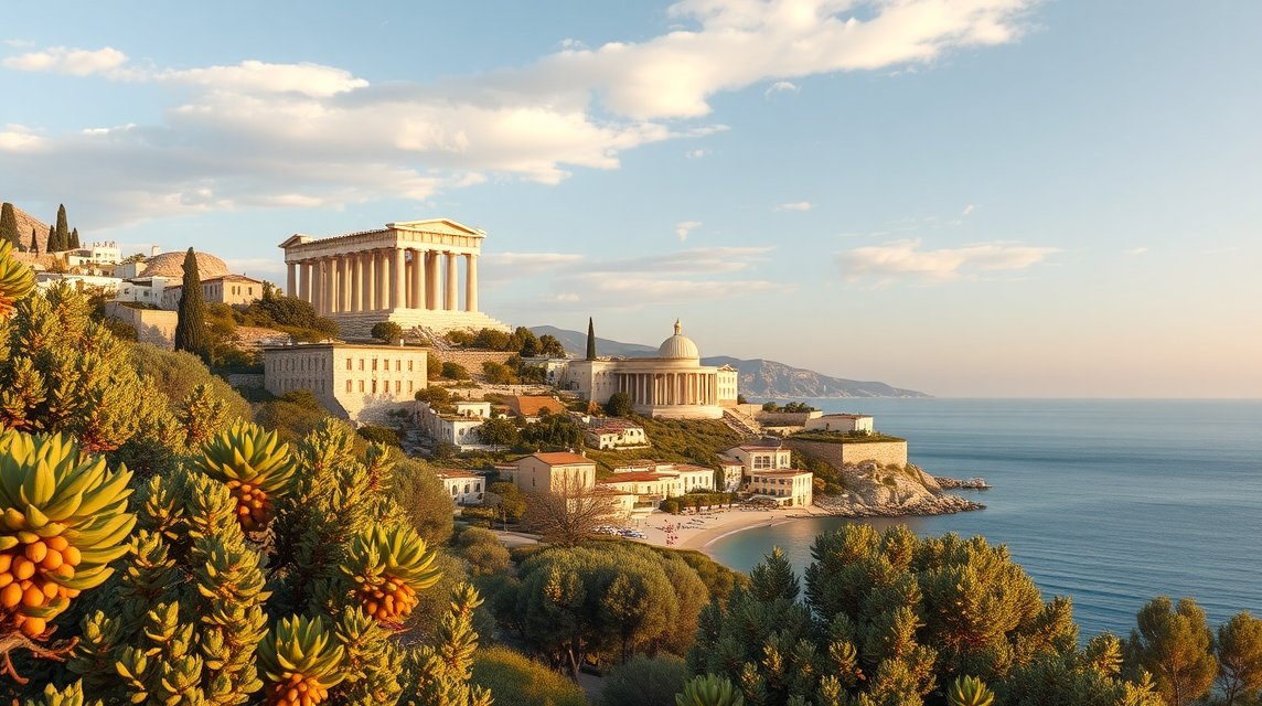 Aegina látképe, ókori templomok és a tengerpart sziluettje