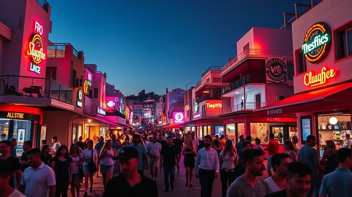 Albufeira éjszakai életének középpontja, The Strip forgalmas utcái