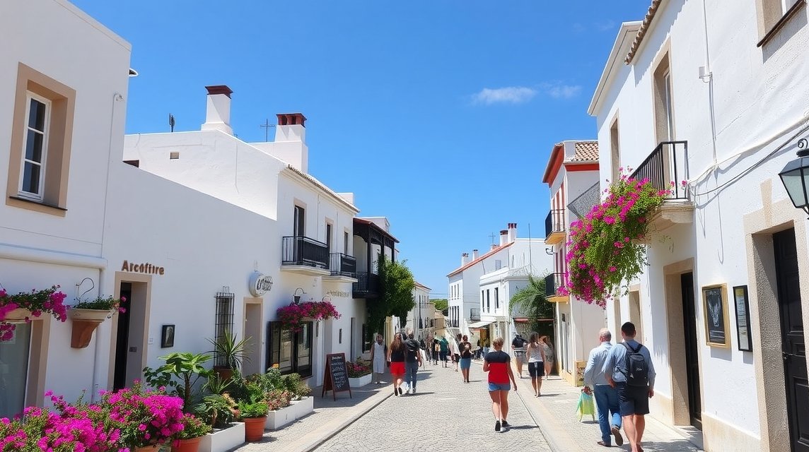 Séta Albufeira Óvárosában, fehér házakkal és virágos erkélyekkel.