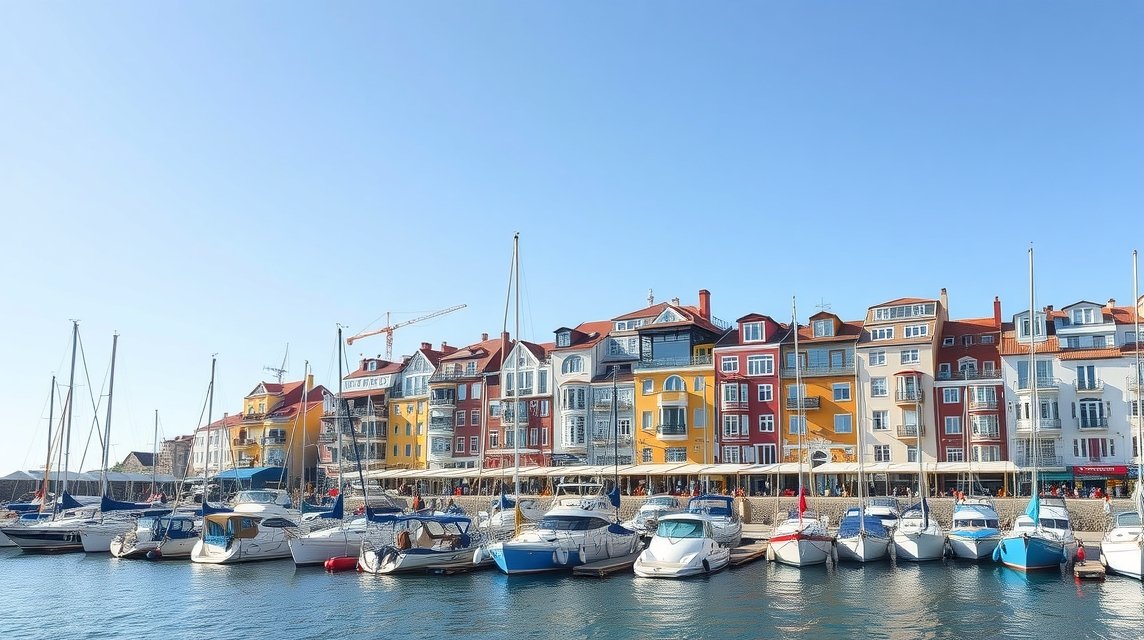 Albufeira Marina színes házakkal és csónakokkal