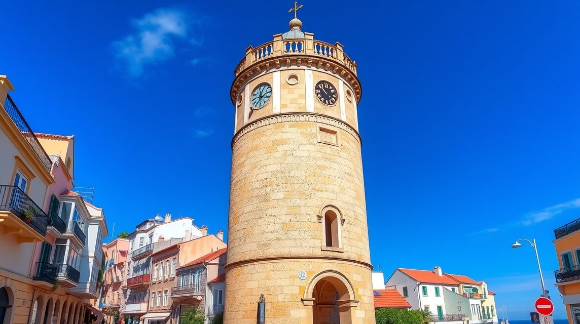 Albufeira Óratorony az égbolt alatt, történelmi helyszín.