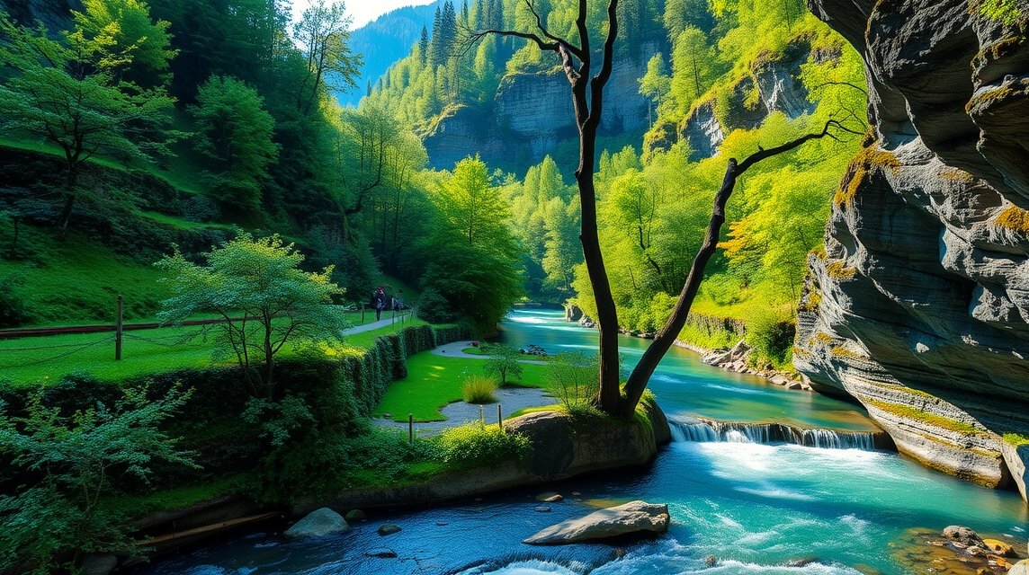 Almbachklamm szurdok, zöld táj és vízesés, nyugodt kirándulás