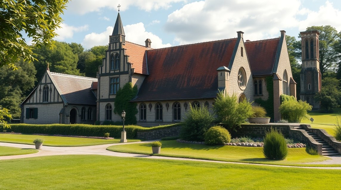 Esrum apátság épülete a zöld környezetben, Hillerød közelében.