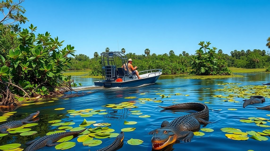 Légcsavaros csónak az Everglades mocsaraiban, aligátorokkal