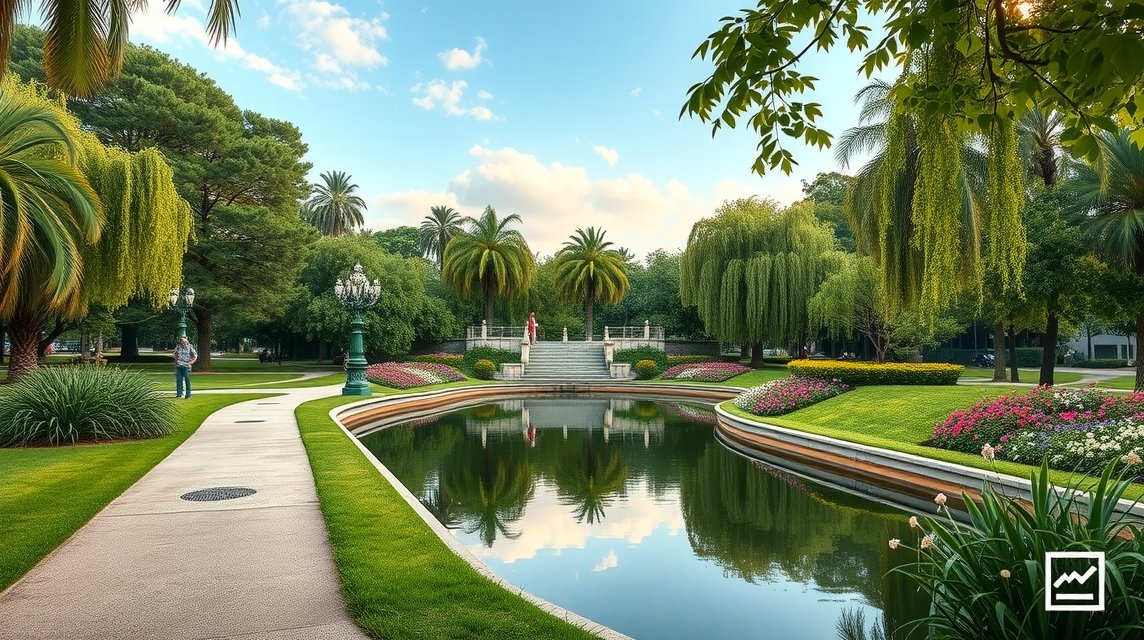 Csodás kilátás az Infante Dom Pedro Park pálmafáival és virágágyásaival