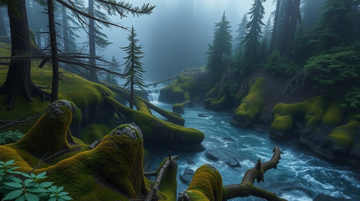 Mohás esőerdők és sebes folyó az Olympic Nemzeti Parkban