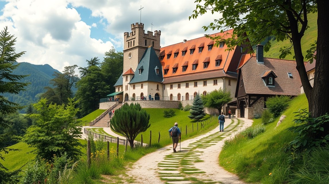 Bajor kolostori sörfőzde a természetben, túrázók az úton