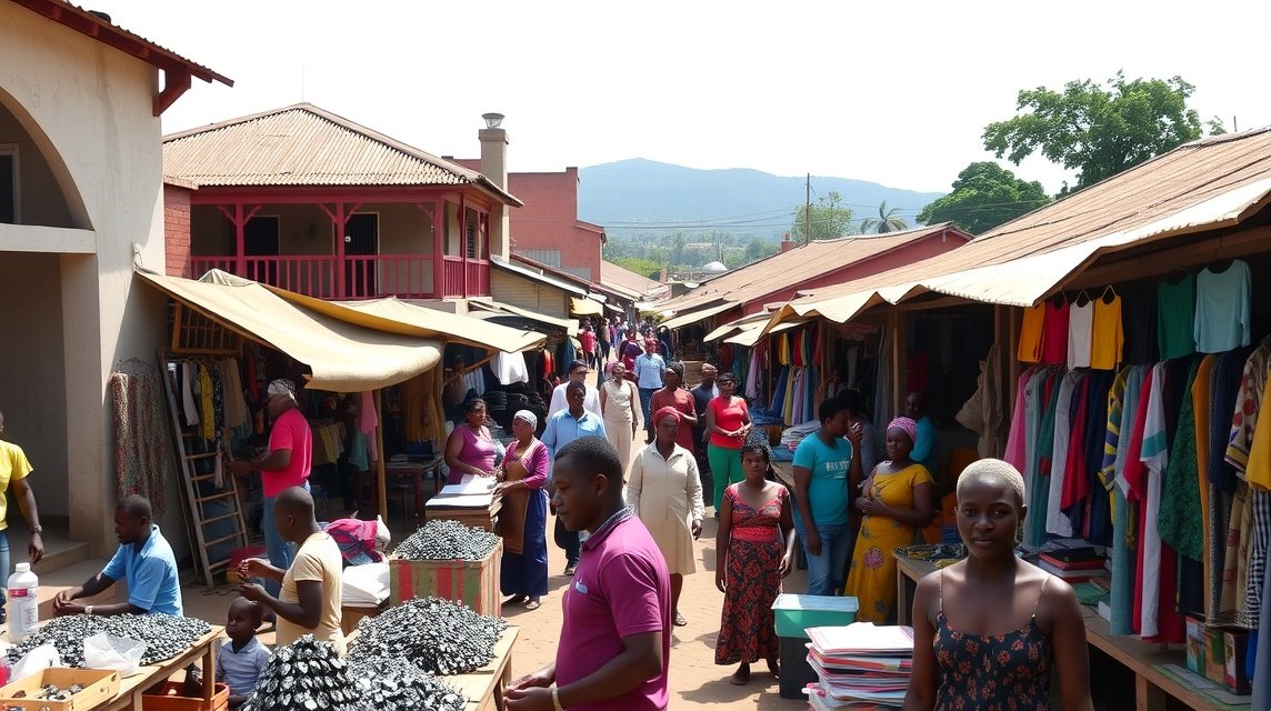 Batouri nyüzsgő piaca, helyi kultúrával és gyémántkereskedőkkel.