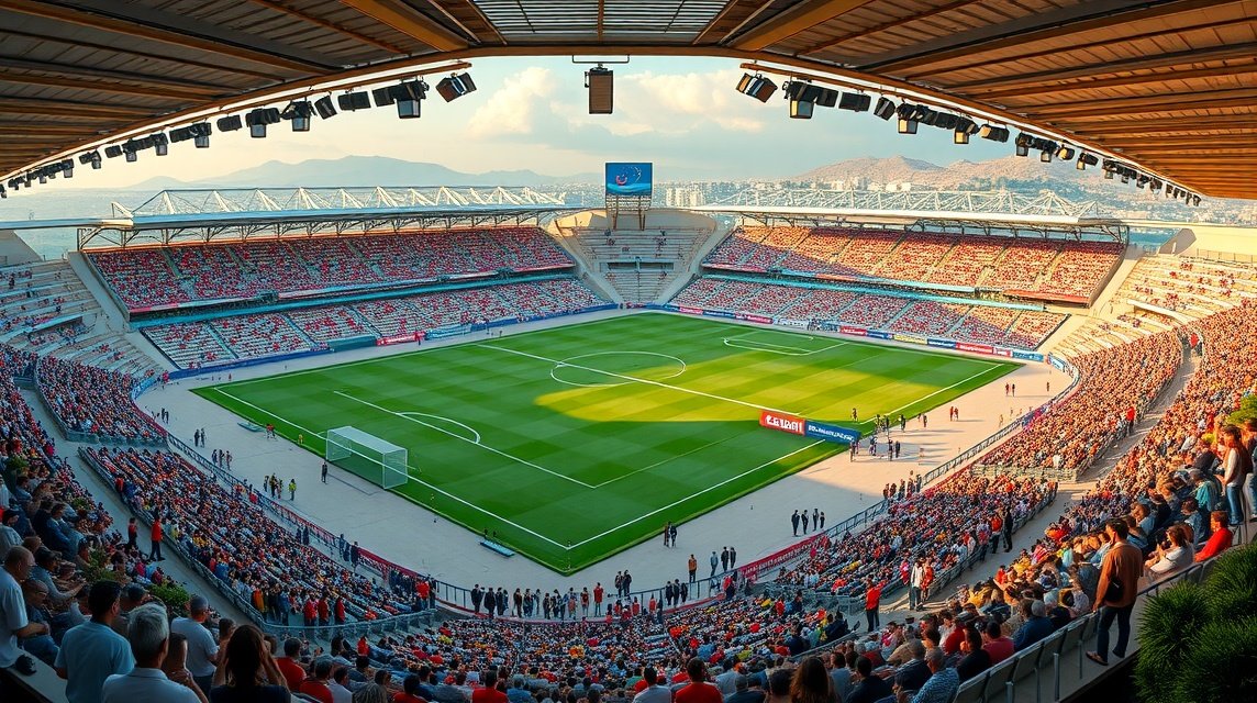 A helyi foci stadion Batouriban, tele lelkes szurkolókkal és élettel.