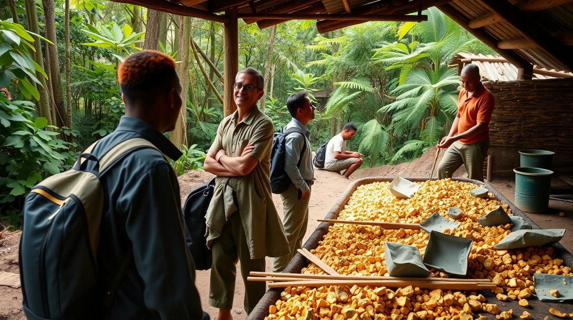 Helyi bányászok Batouri aranybányájában, kézműves aranykitermelés.