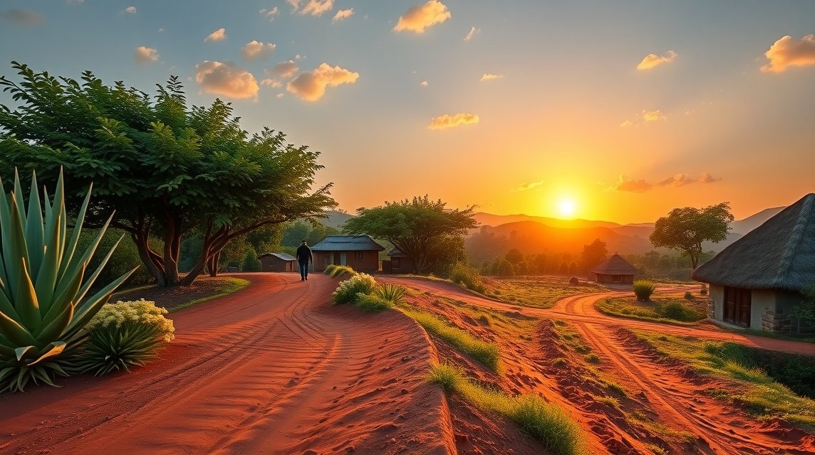 Naplemente Batouri vörös földútján séta közben