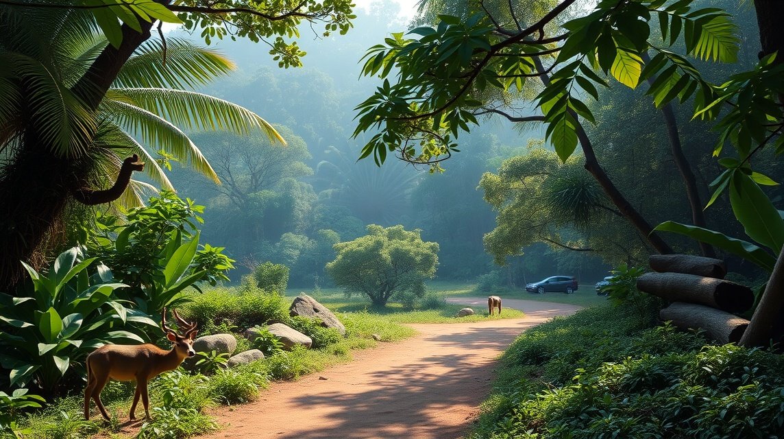 Látványos táj a Deng Deng erdő szélén, vadvilággal és növényzettel.