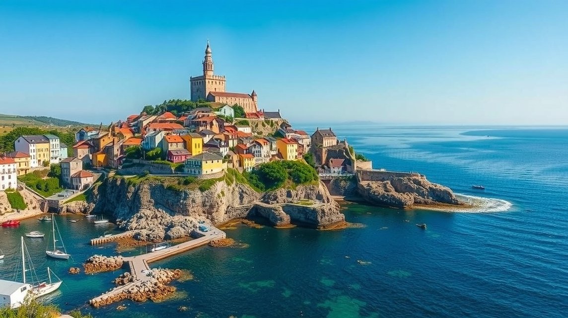 Belle-Île-en-Mer festői tája, színes házakkal és tengerrel.