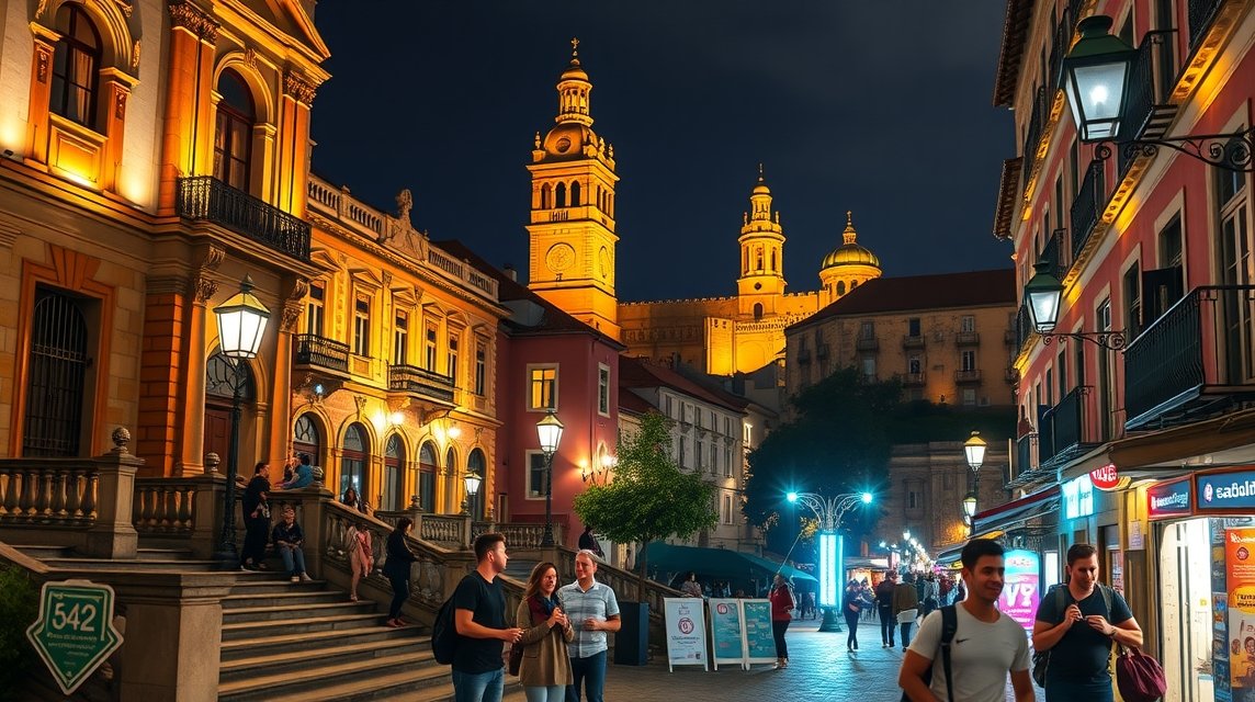 Braga város esti élete fiatalokkal a kávézókkal és bárokkal.