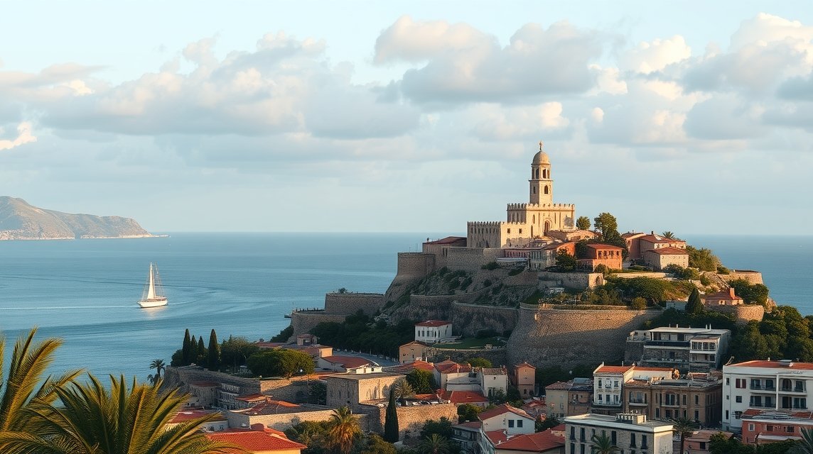 Calvi vára Korzika partján, tenger és hajók mögött.