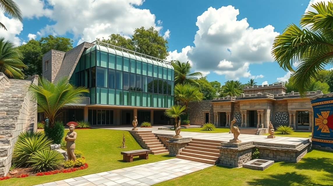 A Maya Múzeum modern épülete Cancúnban, körülötte zöld tér és ősi romok.