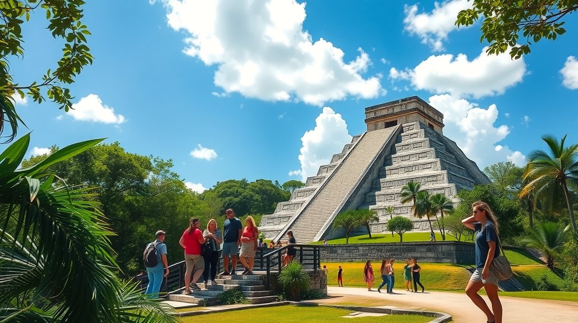 Chichén Itzá piramis turistákkal, Mexikó