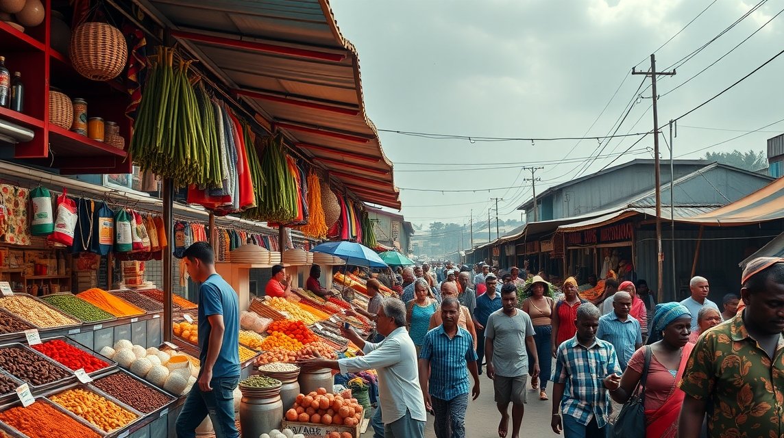 Színes pultok és emberek a Douala-i Sandaga Piacon.